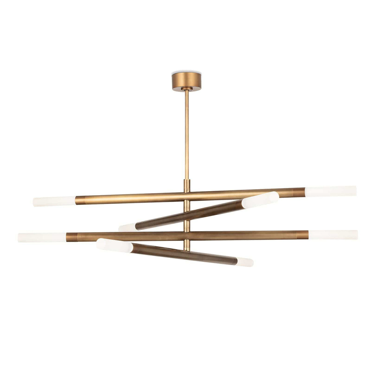 Modern Wick Chandelier in natural brass with four swivel arms and frosted acrylic bulb covers.
