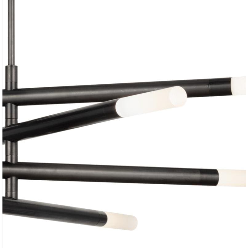 Modern Wick Chandelier in oil rubbed bronze with frosted acrylic bulb covers and linear swivel arms.