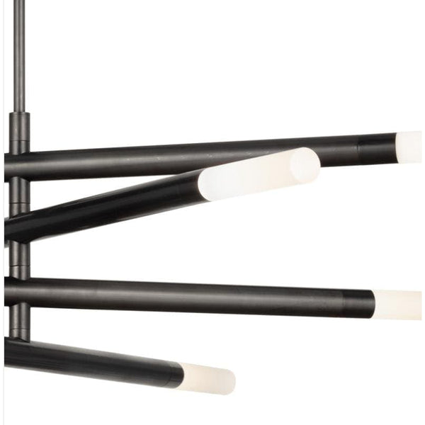Modern Wick Chandelier in oil rubbed bronze with frosted acrylic bulb covers and linear swivel arms.