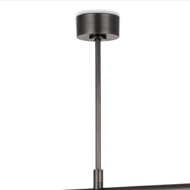 Close-up of the Wick Chandelier's oil rubbed bronze ceiling mount and suspension rod.