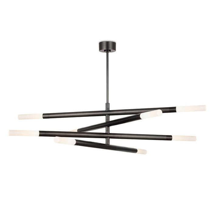 Modern Wick Chandelier in oil rubbed bronze with four swiveling arms and frosted acrylic bulb covers.