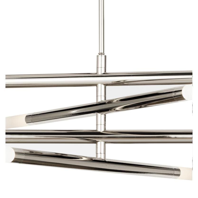 Modern Wick Chandelier with polished nickel finish, four swivel arms, and frosted acrylic bulb covers.