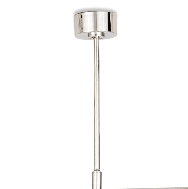 Wick Chandelier with polished nickel finish, linear design, and frosted acrylic bulb covers.