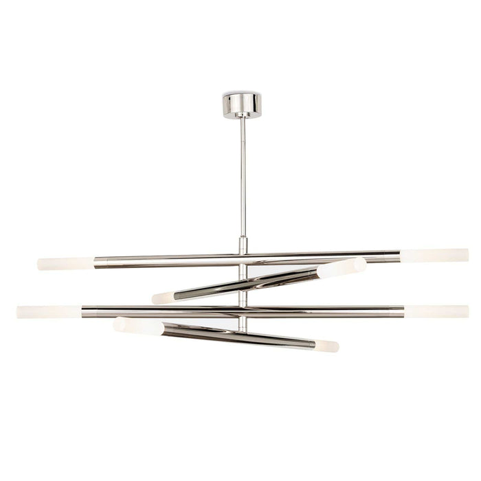 Modern Wick Chandelier with polished nickel finish, four swivel arms, and frosted acrylic bulb covers.