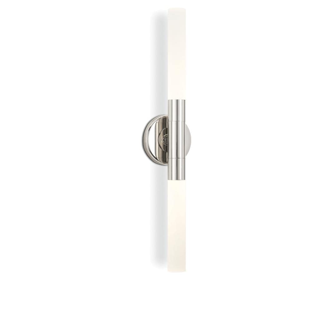Wick Polished Nickel Hilo Sconce: modern double-ended fixture with frosted acrylic bulb covers.