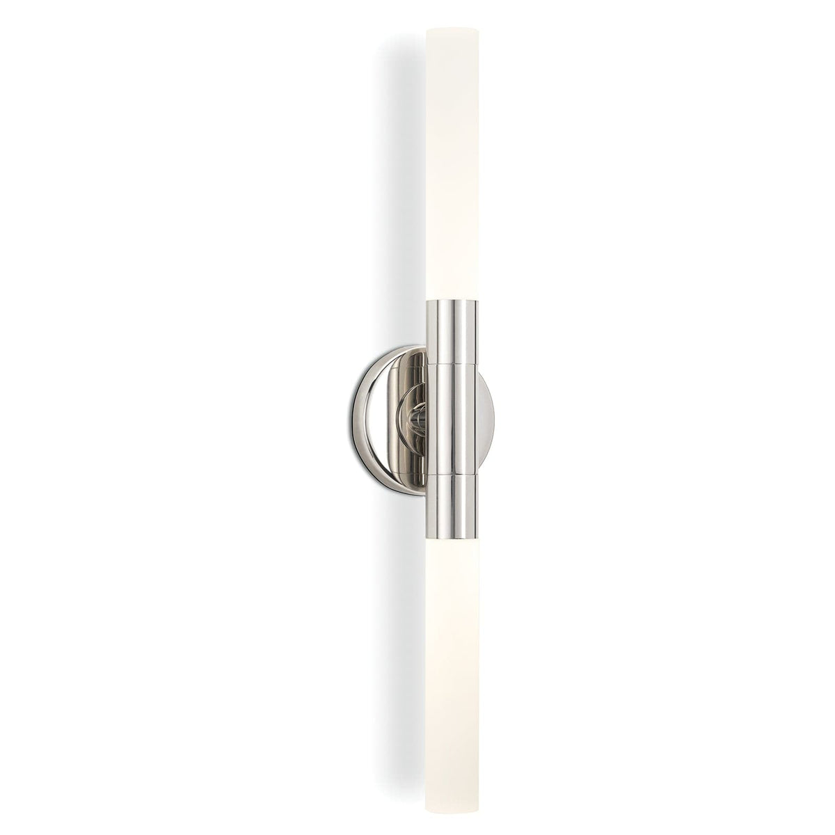 Wick Polished Nickel Hilo Sconce: Modern double-ended fixture with frosted acrylic bulb covers.