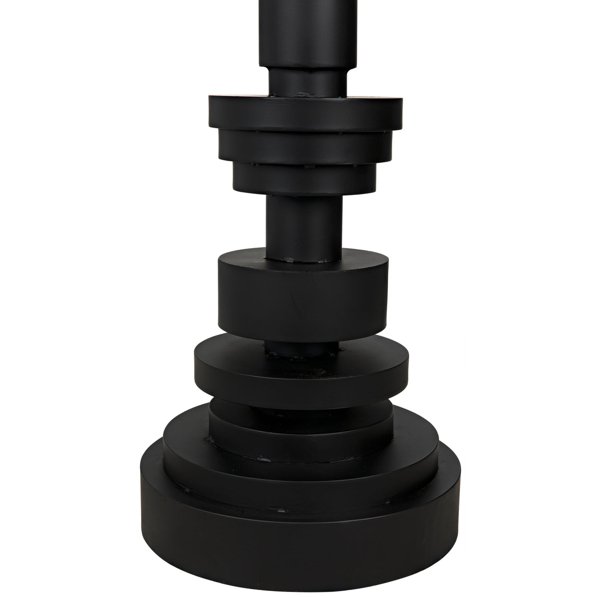 Wilton floor lamp base, black steel, featuring stacked variegated metal discs.