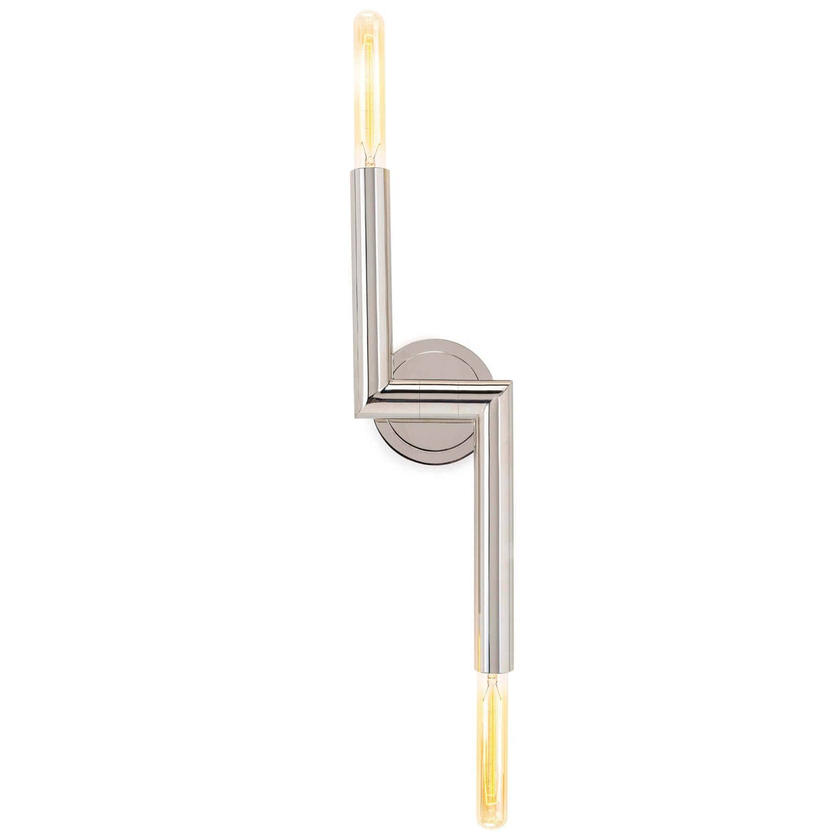 Wolfe Sconce in polished nickel with two exposed T-type bulbs, featuring clean lines and a modern geometric design.