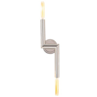 Wolfe Sconce in polished nickel with two exposed T-type bulbs, featuring clean lines and a modern geometric design.