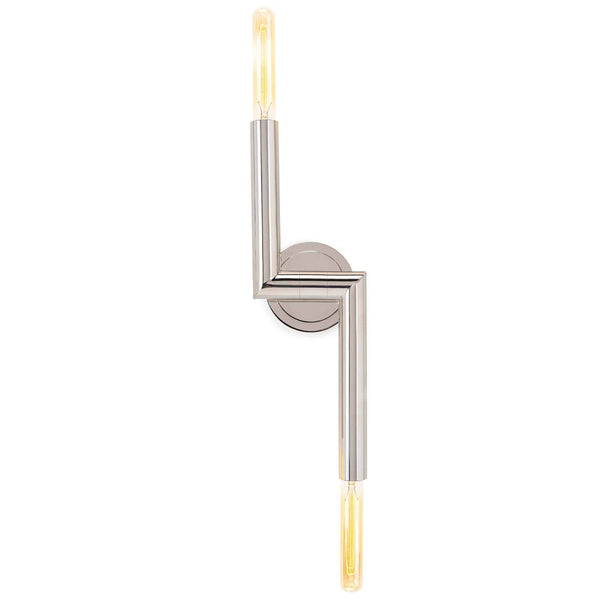 Wolfe Sconce in polished nickel with two exposed T-type bulbs, featuring clean lines and a modern geometric design.