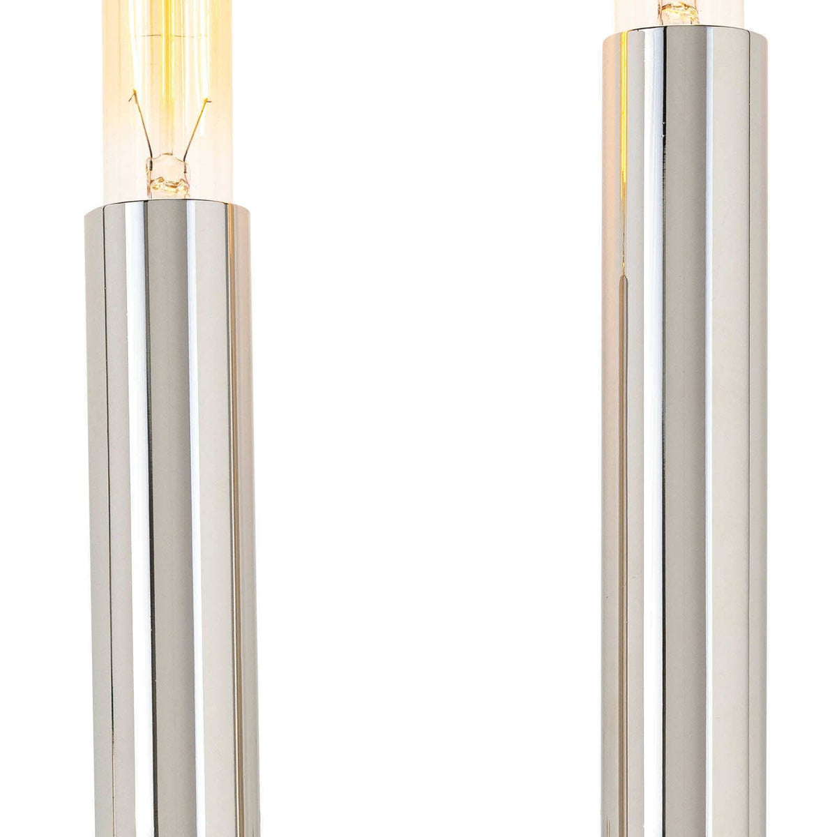 Wolfe Sconce in polished nickel with two exposed T-type bulbs, featuring clean lines and a modern design.