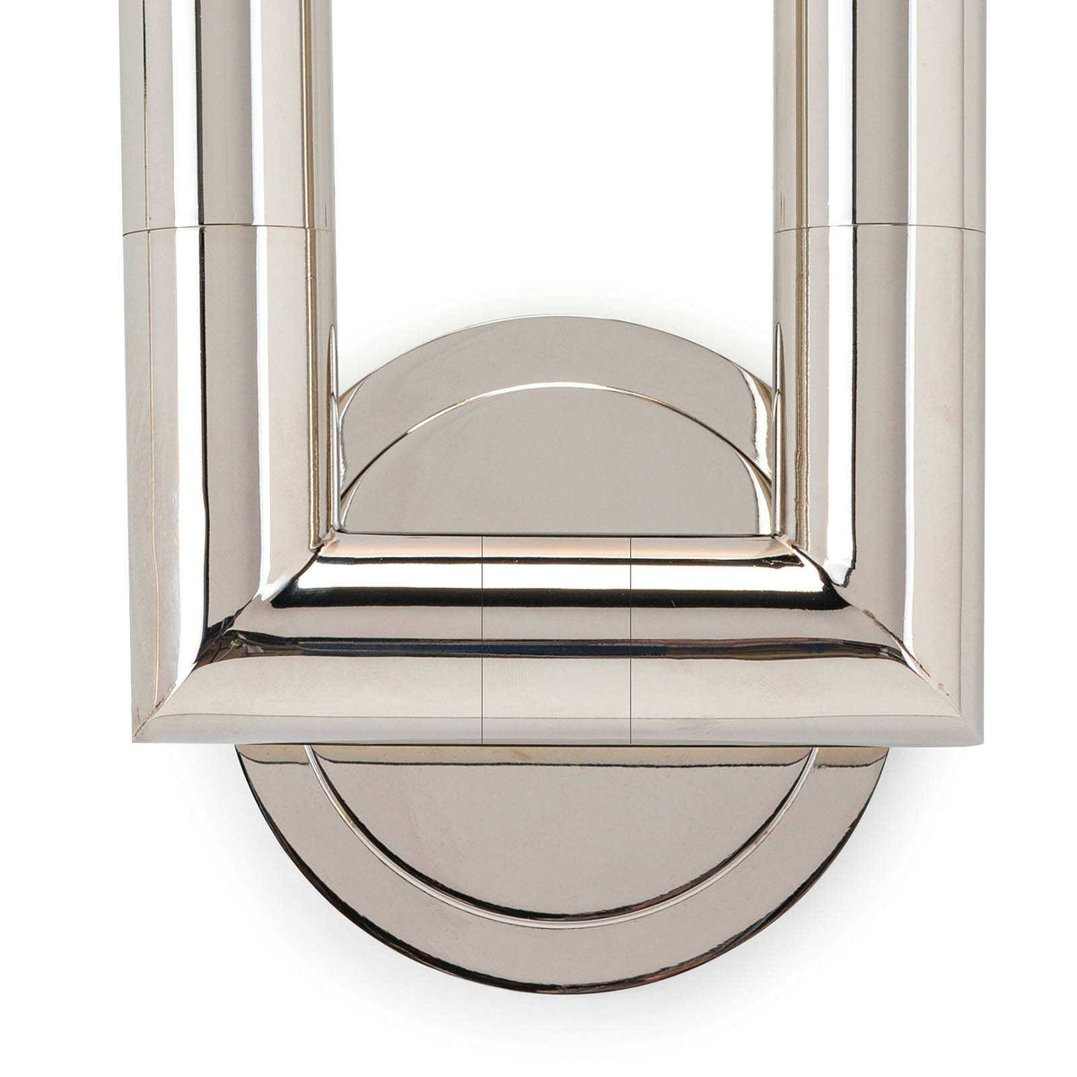 Polished nickel Wolfe Sconce with two cylindrical arms and a sleek, modern design.