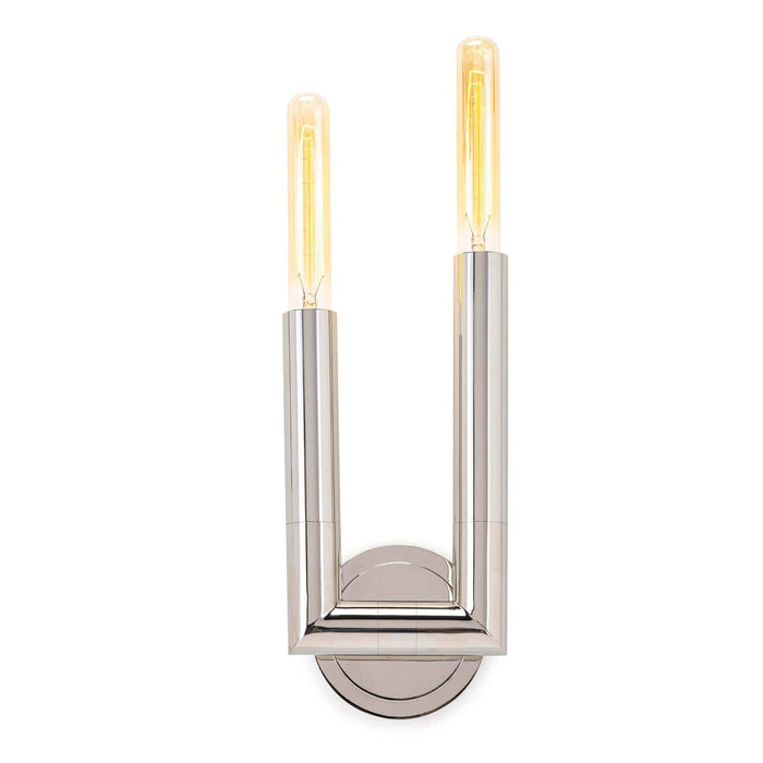Wolfe Sconce in polished nickel, a modern wall light with two exposed T-type bulbs.