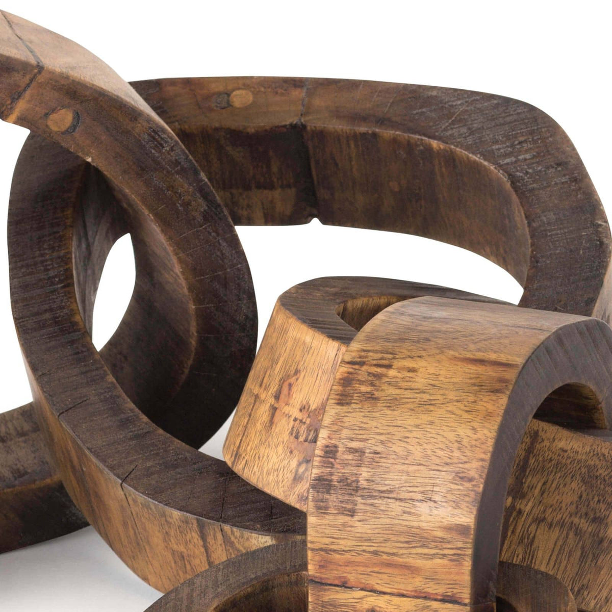 Hand-carved acacia wood chain links centerpiece with dark brown finish.