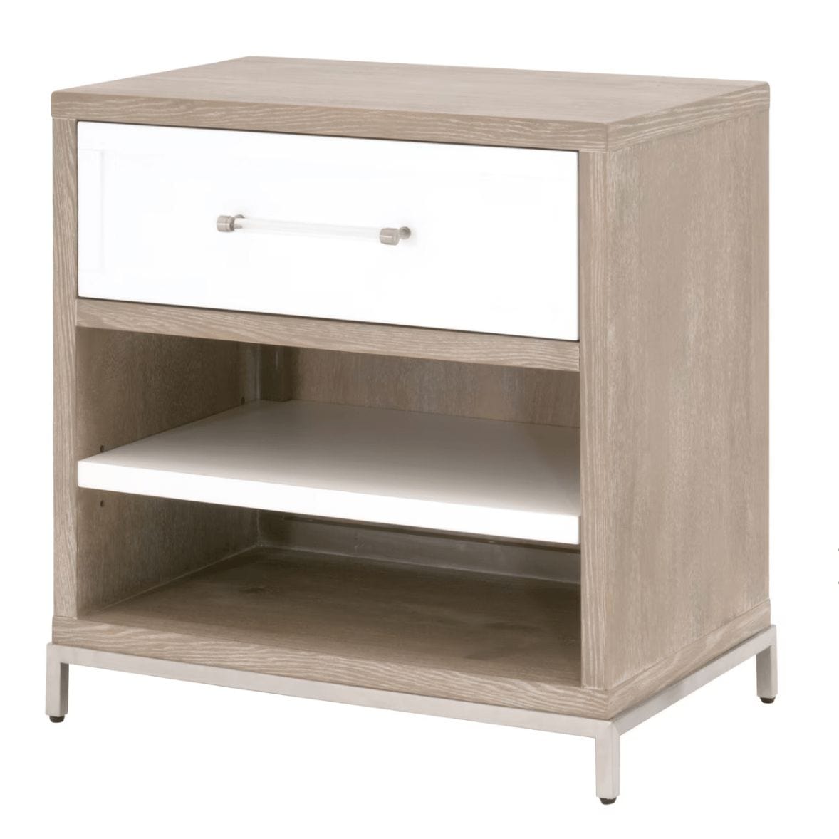 Wrenn natural gray acacia nightstand with matte white drawer, clear handle, adjustable shelf, and metal base.