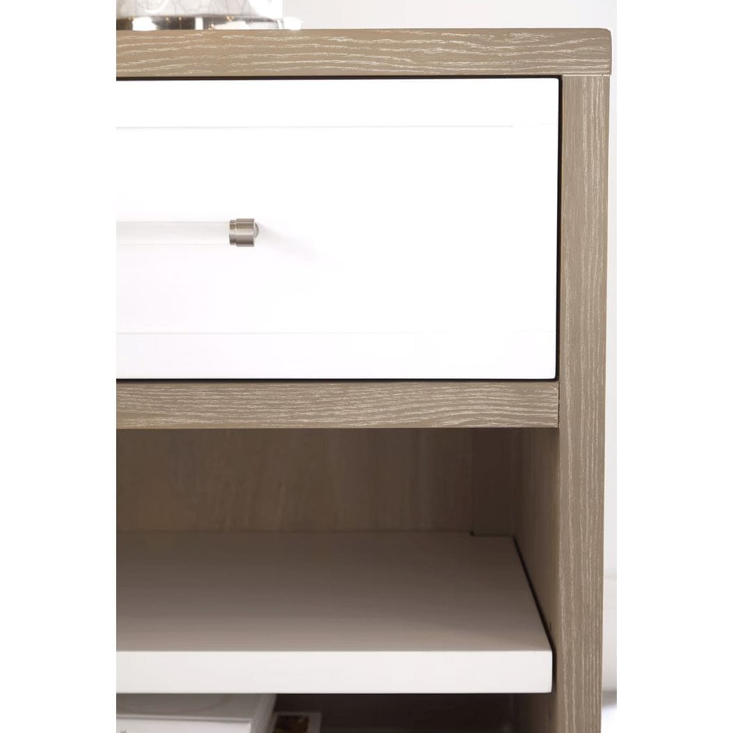 Wrenn natural gray nightstand with matte white drawer, clear acrylic handle, and adjustable shelf.
