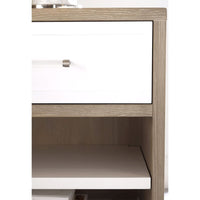 Wrenn natural gray nightstand with matte white drawer, clear acrylic handle, and adjustable shelf.