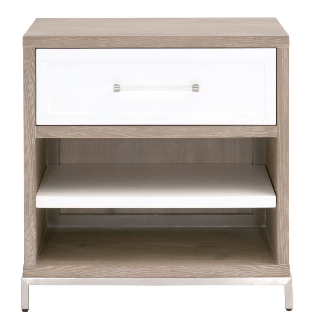 Wrenn natural gray acacia veneer nightstand with matte white drawer, clear acrylic handle, and metal base.
