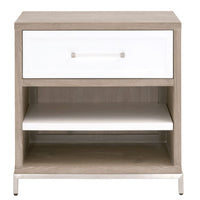 Wrenn natural gray acacia veneer nightstand with matte white drawer, clear acrylic handle, and metal base.