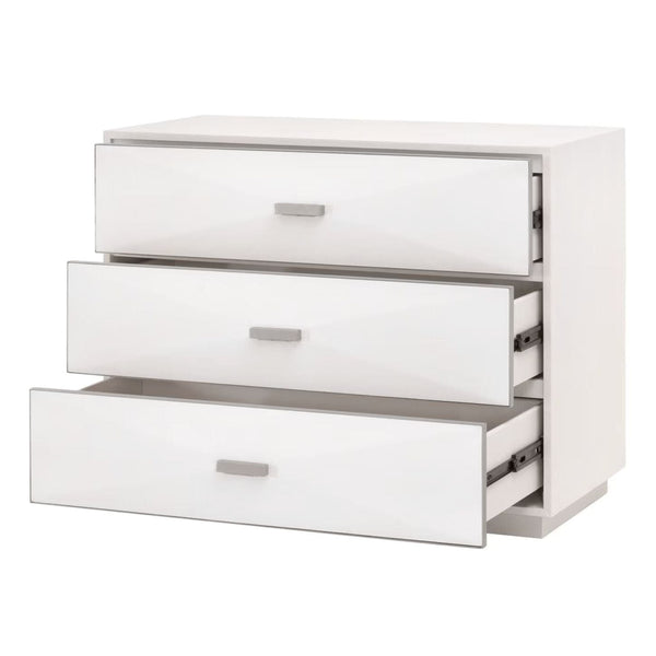 Wynn Pearl Shagreen 3-drawer nightstand with white faux shagreen resin finish and stainless steel accents.