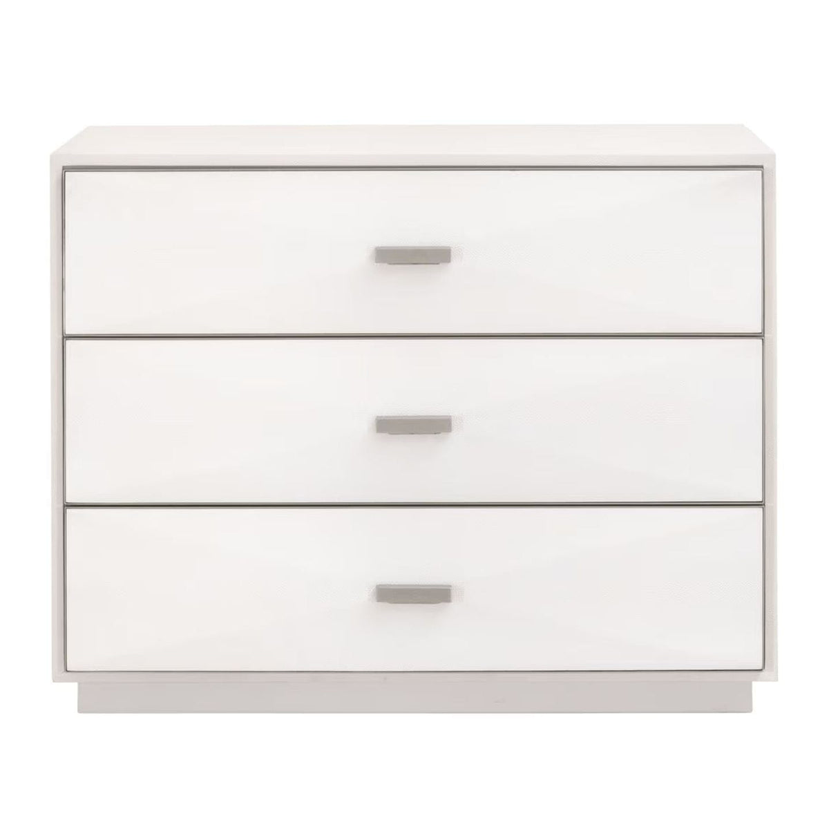Wynn Pearl Shagreen 3-Drawer Nightstand with stainless steel trim and hardware.
