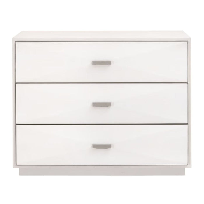 Wynn Pearl Shagreen 3-Drawer Nightstand with stainless steel trim and hardware.