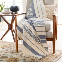 Yemaya Navy & Ivory Woven Blanket - Throw Draped View | Bone & Brass