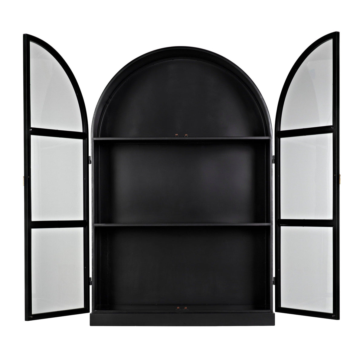 Black steel arched hutch with two open glass-paneled doors and two interior shelves.