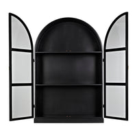 Black steel arched hutch with two open glass-paneled doors and two interior shelves.