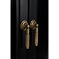 Close-up of Yoke Black Steel Arched Hutch with brass handles, showing detailed craftsmanship.