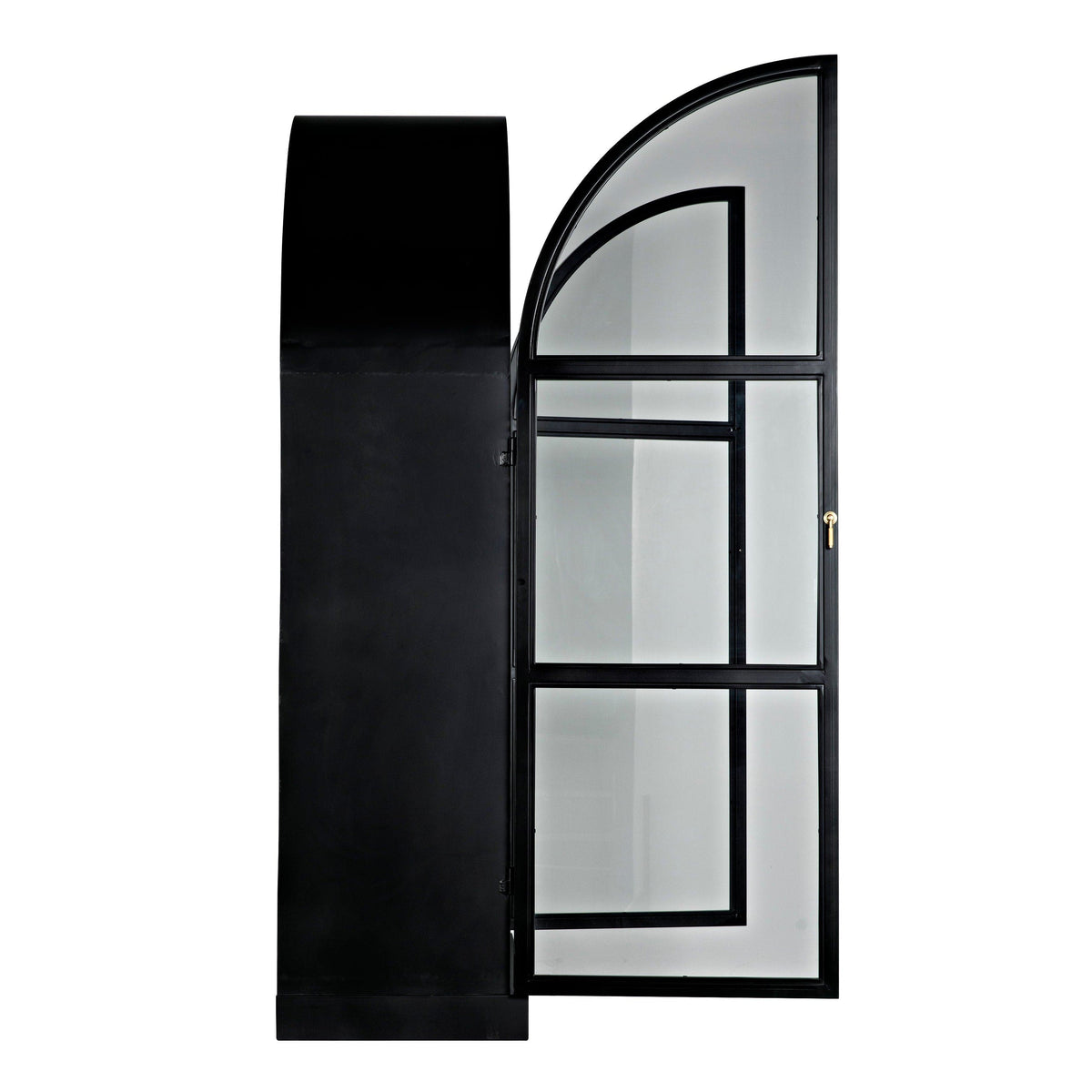 Black steel arched hutch with glass door, 80"H, industrial style.