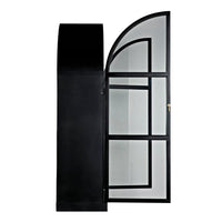 Black steel arched hutch with glass door, 80"H, industrial style.