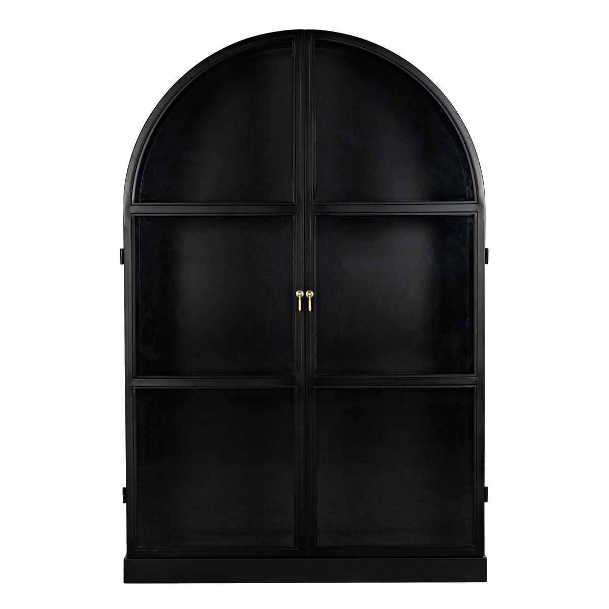 Black steel arched hutch with glass doors and brass handles, 80"H industrial modern design.