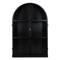 Black steel arched hutch with glass doors and brass handles, 80"H industrial modern design.