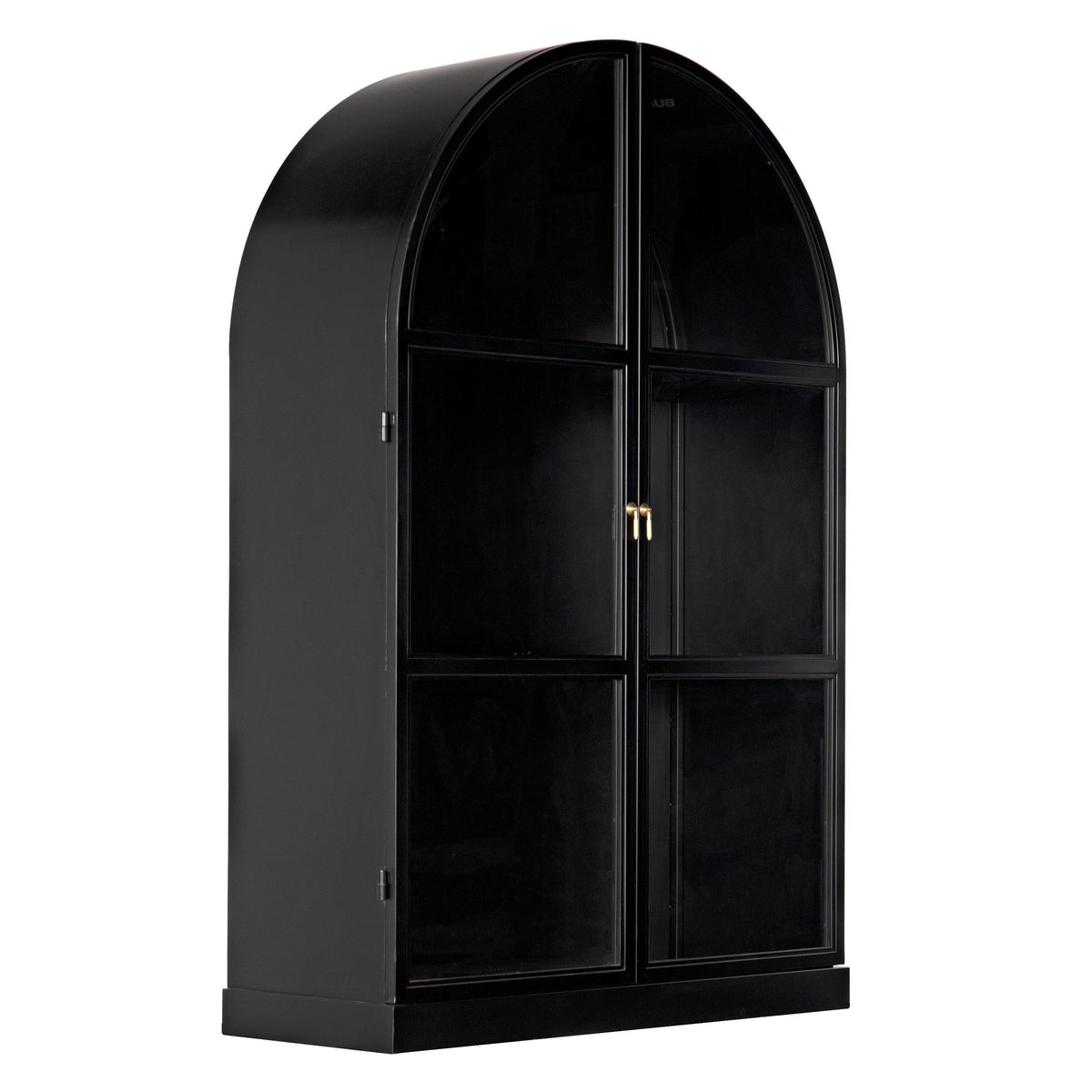 Black arched industrial steel hutch with glass doors and gold handles.