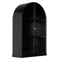 Black arched industrial steel hutch with glass doors and gold handles.