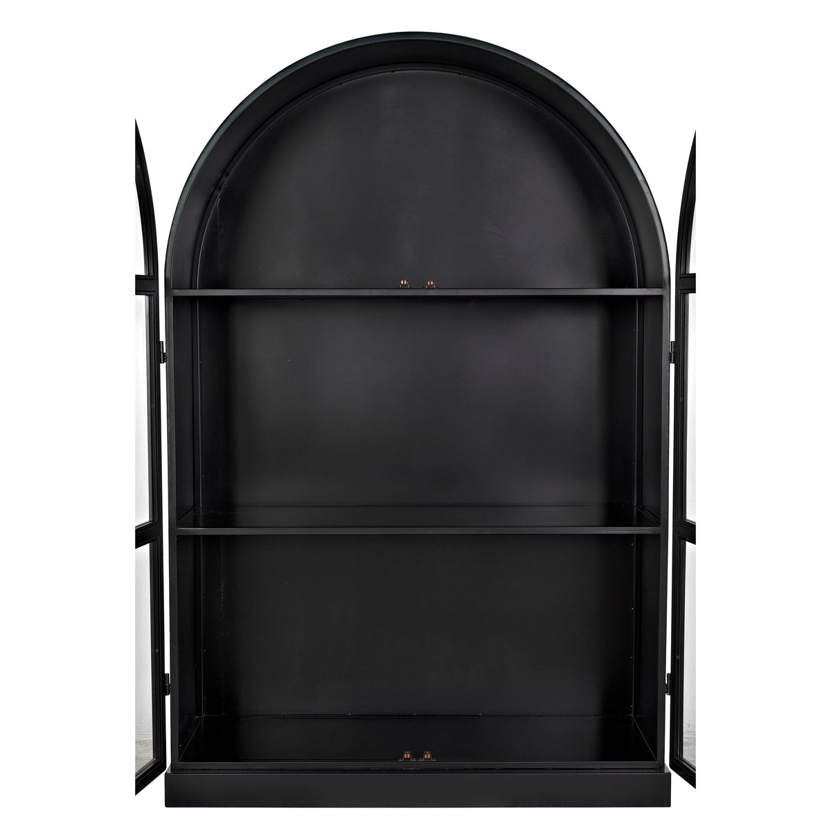 Black steel arched hutch, 80"H, with two shelves and open glass doors, industrial style.