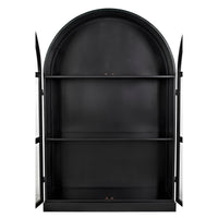 Black steel arched hutch, 80"H, with two shelves and open glass doors, industrial style.