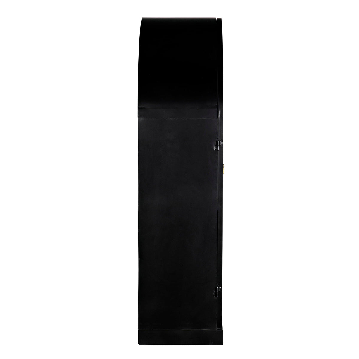 Side view of a tall, black arched steel hutch with an industrial design.