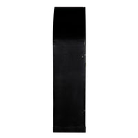 Side view of a tall, black arched steel hutch with an industrial design.
