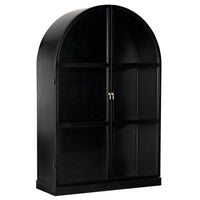Black steel arched hutch with four doors and gold handles, 80"H industrial design.