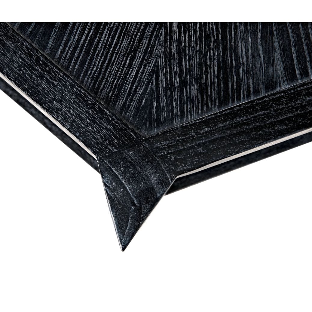 Yolanda Coffee Table with sombre finish, crafted from mindi wood, featuring a sophisticated, edgy design.