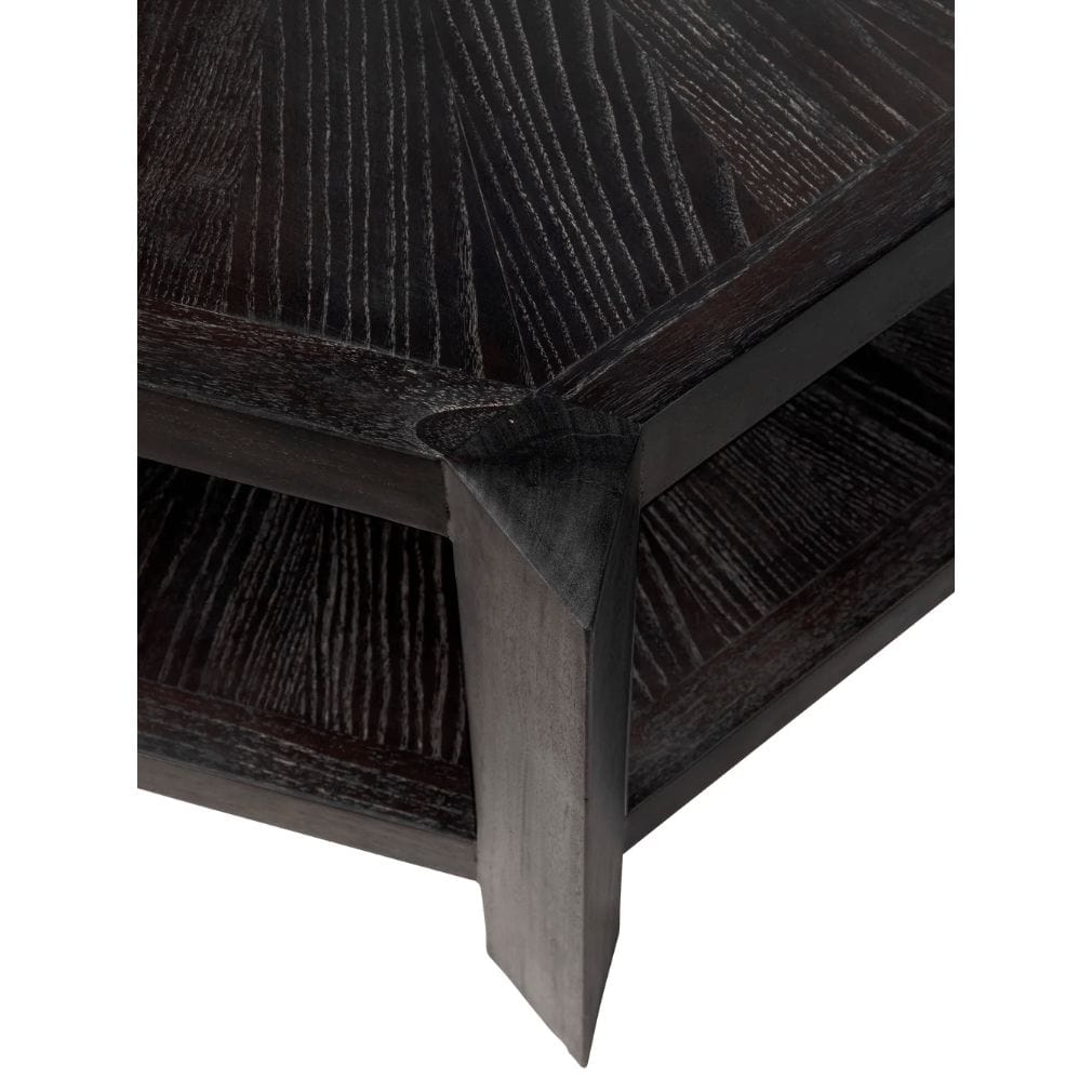 Yolanda Coffee Table, sombre finish mindi wood, square design with visible grain and lower shelf.