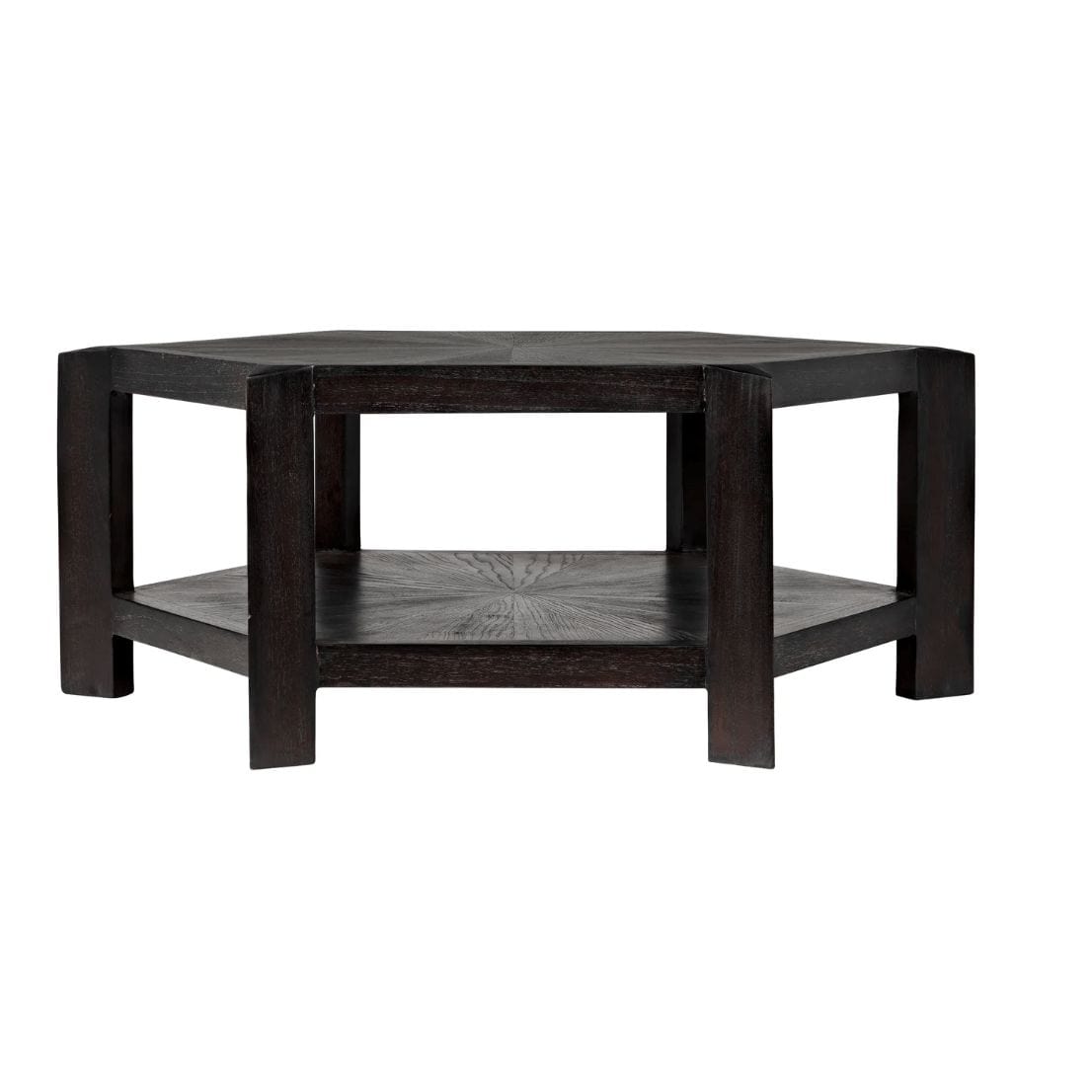 Yolanda Coffee Table, dark sombre finish mindi wood, hexagonal top and lower shelf.