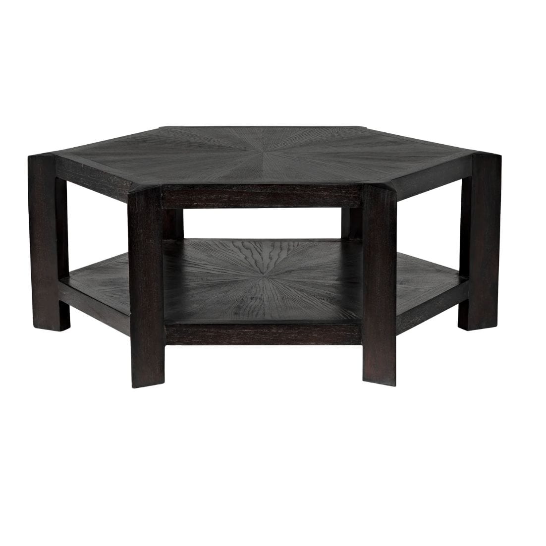 Yolanda Coffee Table: Hexagonal mindi wood table with sombre finish and lower shelf.