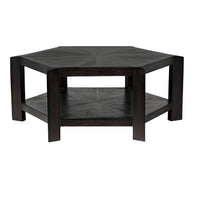 Yolanda Coffee Table: Hexagonal mindi wood table with sombre finish and lower shelf.