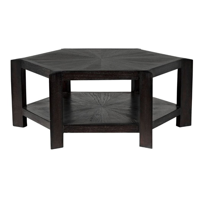 Yolanda Coffee Table: Hexagonal mindi wood table with sombre finish and lower shelf.