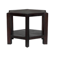 Yolanda large side table, artisan-crafted mindi wood with sombre finish, hexagonal top and shelf.