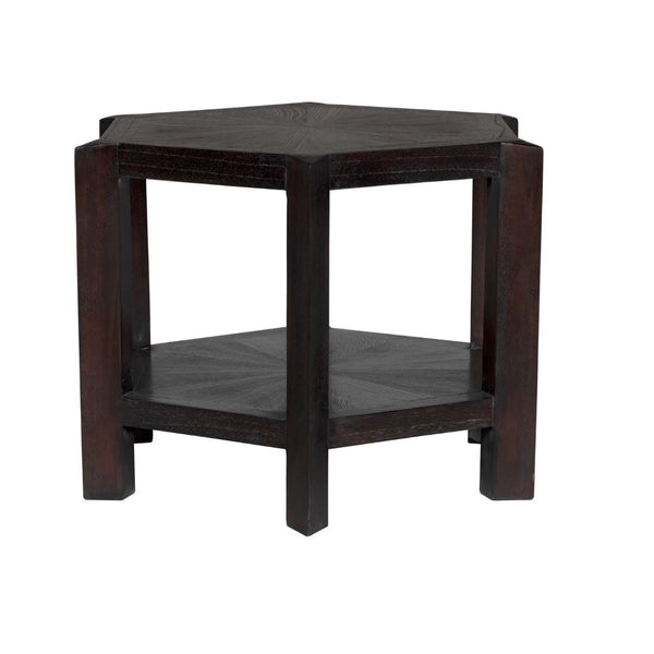 Yolanda large side table, artisan-crafted mindi wood with sombre finish, hexagonal top and shelf.