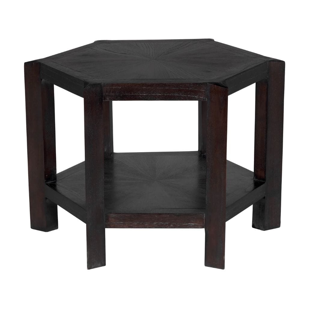 Yolanda large hexagonal mindi wood side table with a sombre finish and lower shelf.